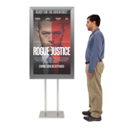 Double-Pole Floor Stand 27x40 Sign Holder with Bold Snap Frame 2 1/2" Wide Profile, Black + Silver Finishes