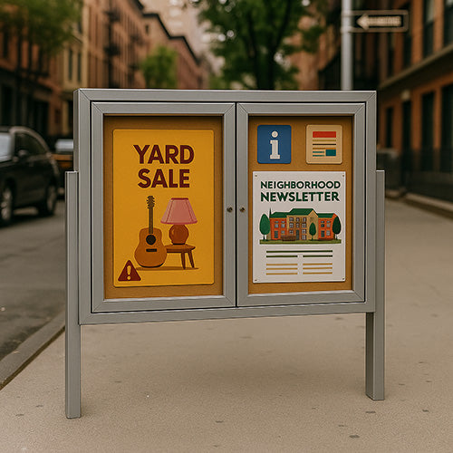 Freestanding 2 Door Enclosed Outdoor Bulletin Boards 84" x 36" with Lights + Posts