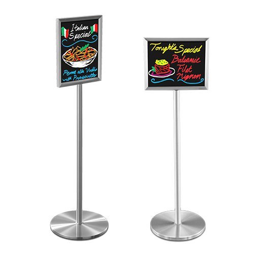 Silver Finish, Elegant, Upscale Hospitality Writable Black Marker Board Sign Stands 14 x 22 in Portrait and Landscape Sizes