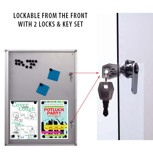 Lockable Magnetic Boards have (2) Front Locks with Key Sets to keep the enclosed notice board secure.