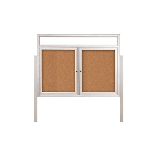 2-DOOR ILLUMINATED HEADER CORKBOARD 84" x 30" RADIUS EDGES WITH MITERED CORNERS (SHOWN IN SATIN SILVER)