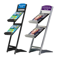 2 Tier Metal Brochure Display Stand with Header and Acrylic Shelves (which accept 8.5 x 11 Literature) are available in Black or Silver