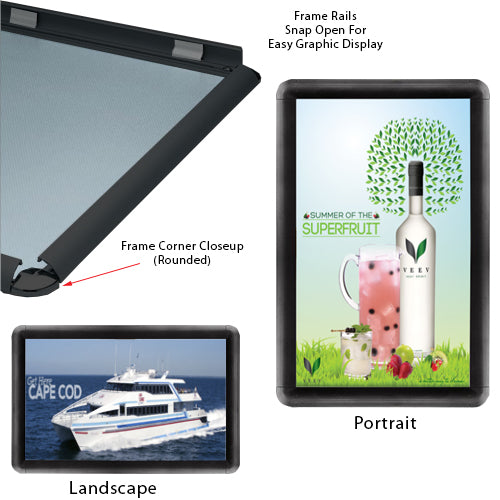 20 x 30 Snap Frame with Rounded Corners can be Wall Mounted in Portrait or Landscape Position