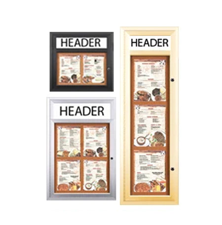 Outdoor Enclosed Menu Cases with Header for 8 1/2" x 11" Portrait Menu Sizes