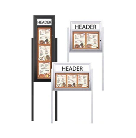 Outdoor Enclosed Menu Cases with Header, Lights and Leg Posts for 8 1/2" x 11" Portrait Menu Sizes