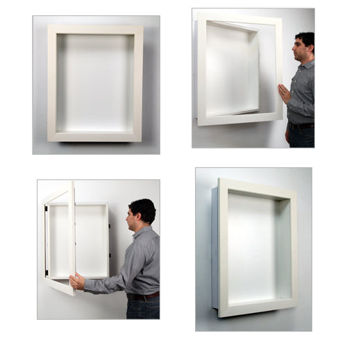 LARGE ENCLOSED WHITE FINISH EMPTY SHADOW BOX DISPLAY CASES with 3" INTERIOR DEPTH COME WITH A WOOD BACKER BOARD FOR YOU TO HANG or ARRANGE YOUR 3-DIMENSIONAL ITEMS