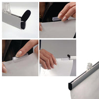 30" Wide Quick Change Banner Bar Set assembles easily. Flip open the finished end cap. Slide out, secure poster into clear poster clip clamps, then slide back into place.
