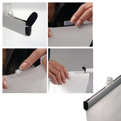 36" Wide Quick Change Banner Bar Set assembles easily. Flip open the finished end cap. Slide out, secure poster into clear poster clip clamps, then slide back into place.