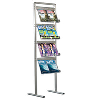 4-Tiered Metal Brochure Display Stand with Acrylic Shelves is 1-SIDED. Will accept (8) 8.5 x 11 Literature or (16) 4 x 9 Literature | Available in Silver