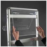 Easy Assembly. Screw your FOUR-TIERED double sided literature display together, then insert acrylic brochure holders through the openings.