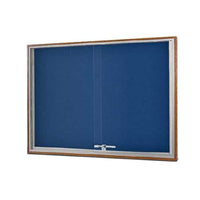SLIDING GLASS DOOR WOOD FRAMED BULLETIN BOARD WITH COBALT ACCENT FABRIC