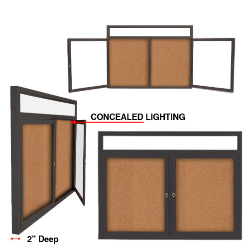 84 x 24 Enclosed Outdoor Bulletin Boards with Header & Lights 2 DOOR