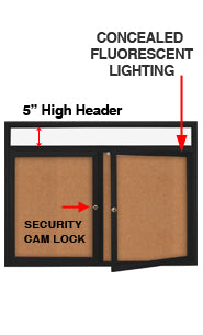 96" x 36" Enclosed Indoor Bulletin Boards with Header & Lights (Multiple Doors)