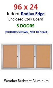 96x24 Indoor Bulletin Board 3-Door with Radius Edges