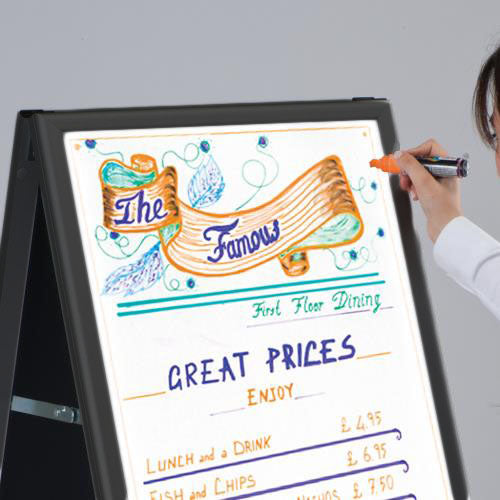 WRITE YOUR PROMOTIONS OR DRAW THEM OUT on the WHITEBOARD A-FRAME!