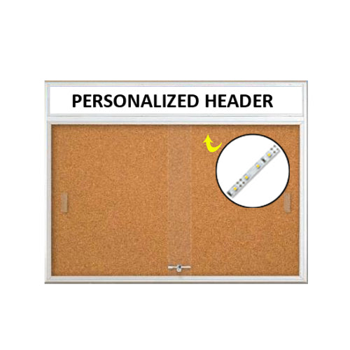 Indoor 72 x 24 Bulletin Cork Boards with Personalized Header & Lights (2 Sliding Glass Doors)