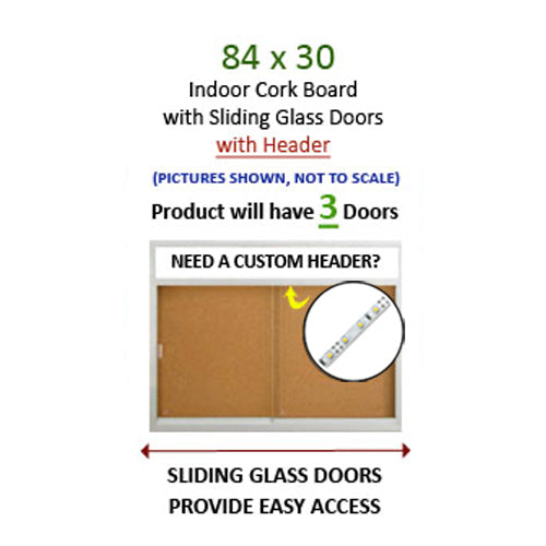 3-Door Bulletin Boards Sliding Glass Doors | Indoor Enclosed Cork Board 84x30 Lighted with Message Header