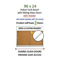 3-Door Bulletin Boards Sliding Glass Doors | Indoor Enclosed Cork Board 96x24 Lighted with Message Header
