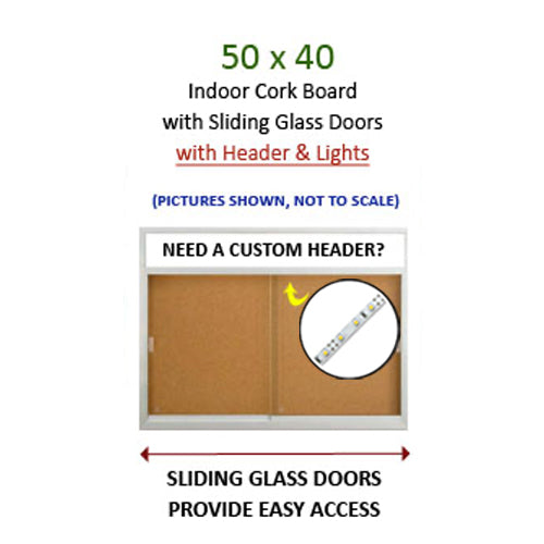2-Door Bulletin Boards Sliding Glass Doors | Indoor Enclosed Cork Board 50x40 Lighted with Message Header