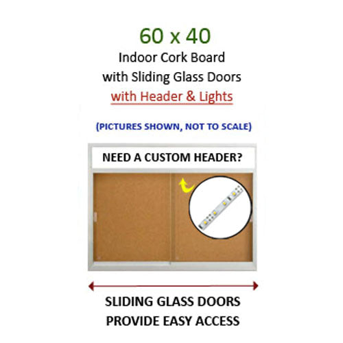 2-Door Bulletin Boards Sliding Glass Doors | Indoor Enclosed Cork Board 60x40 Lighted with Message Header