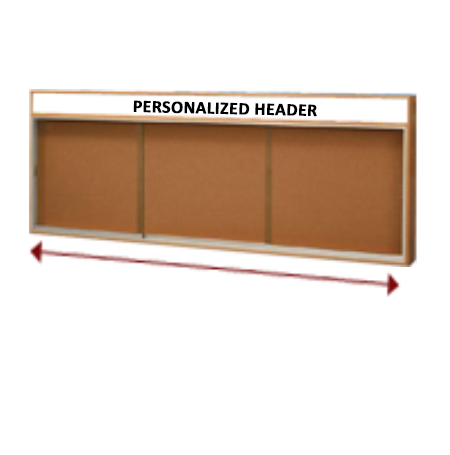 96 x 36 Indoor Enclosed Wood Bulletin Boards with Sliding Glass Doors and Message Header