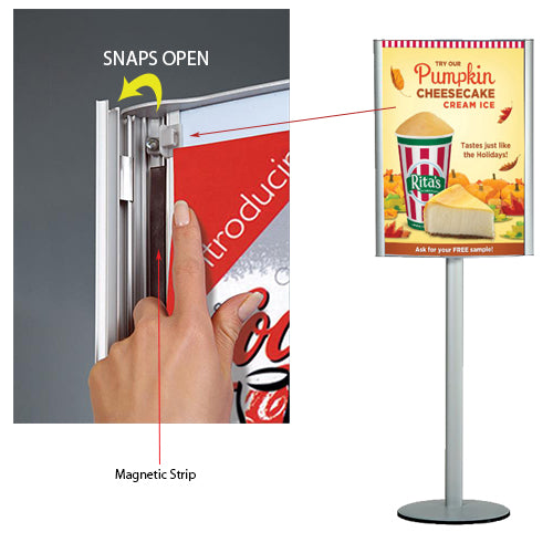 Convex double sided 18 x 24 poster is easy to install with the SNAP OPEN side rails and the easy to slide in clips. Secure your poster from moving and from minor scratches with the magnetic protective overlay