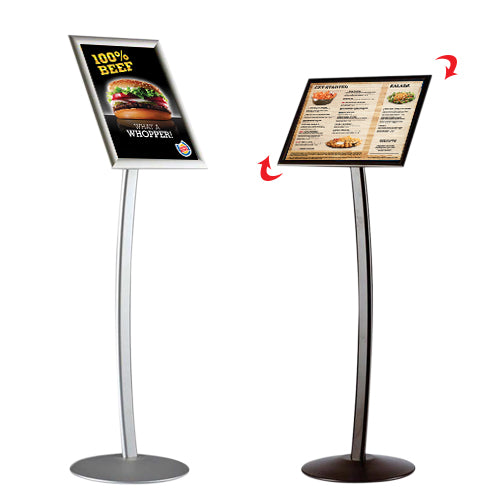 11x17 Rotating Sign Menu Snap Frame Tilted on Curved Floor Stand Post in Silver and Black Finishes