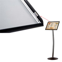 Curved Floorstand with SNAP-OPEN 18 by 22 sign frame allows for easy change of your graphics