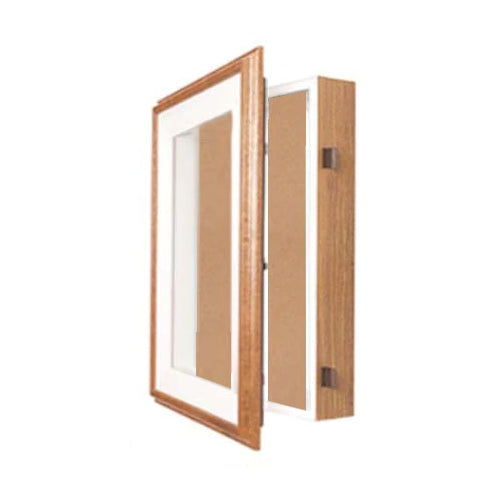 16 x 20 SwingFrame Designer Oak Wood Wall Mount Lighted Display Case w Cork Board 3" Deep