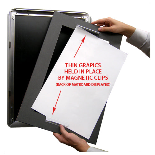MAGNETIC CLAMPS ON BACK of 4" MATBOARD HOLD 10" x 12" POSTERS IN SNAP FRAME