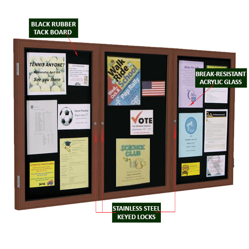 Indoor TRIPLE DOOR Enclosed 72" x 36" Bulletin Cork Message Board with 19.25" x 31" Viewing Area Per Door. Eco-Friendly Recycled Plastic Lumber comes in 6 Finishes