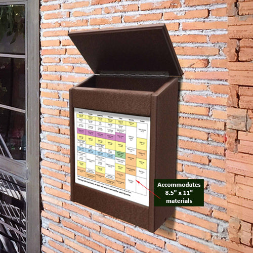 Outdoor Wall Mounted Flyer Information Box Accepts 8.5" Wide x 11" High Material (with 9.5" x 8.25" Viewing Area). Eco-Friendly Recycled Plastic Lumber comes in 6 Finishes