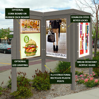 Outdoor Freestanding MULTI-VIEW Kiosk SIX-SIDED Information Message Boards with 28.25" x 42" Viewing Area. Eco-Friendly Recycled Plastic Lumber comes in 6 Finishes