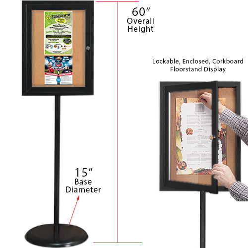 Black Enclosed 18x24 Bulletin Board Floorstand. Perfect for any INDOOR use in your restaurant, mall, lobby, office building, school, etc.