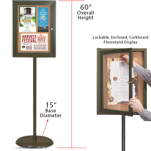 Floor Standing Enclosed Bulletin Board 18 x 24 | Pedestal Stand with  Locking Display Case in Bronze Finish