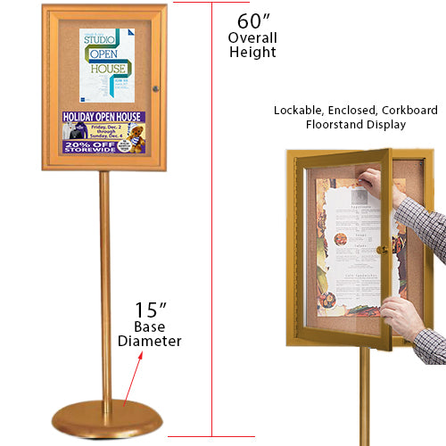 Gold Enclosed 18x24 Bulletin Board Floorstand. Perfect for any INDOOR use in your restaurant, mall, lobby, office building, school, etc.