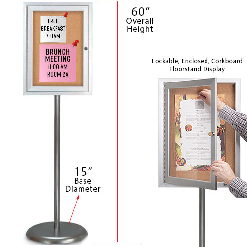 Silver Enclosed 18x24 Bulletin Board Floorstand. Perfect for any INDOOR use in your restaurant, mall, lobby, office building, school, etc.