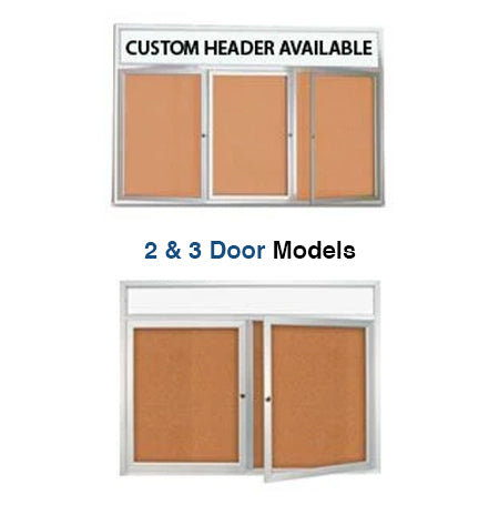 2-3 Door Enclosed Outdoor Bulletin Boards with Your Message Header and Radius Edge Cabinet Corners | All-Weather, Wall Mount Aluminum Display Case 35+ Sizes