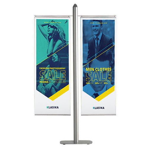 Euro-Style POSTO-STAND is 6 FEET Tall and displays TWO Poster Banners that Snap into TOP & BOTTOM SNAP BARS in an Offset Position