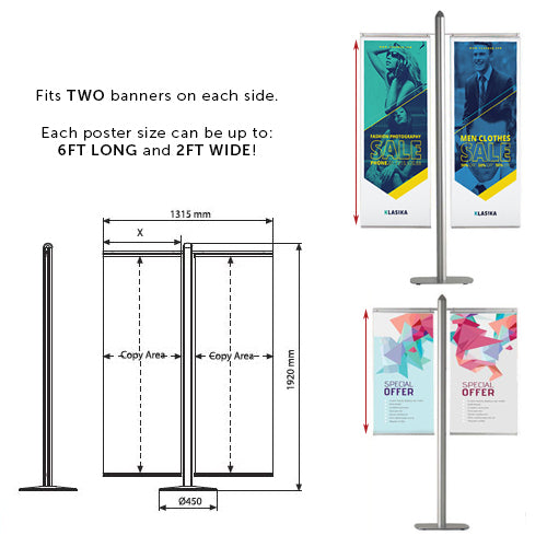 Display LONG or SHORT posters and banners with the different snap grip rod widths available. Adjust to any height thanks to the 4 channel grooves in the 6 FOOT Post.