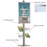 Euro-Style POSTO-STAND™ is 6 FEET Tall and displays a single sided 22" x 28" poster snap frame with 2 or 4 clear acrylic literature holders which display 85x11 brochures, tilted at 25 degree angle