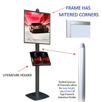 Freestanding Poster Stand has a 22" x 28" Frame with mitered corners, along with a metal brochure holder (Single Sided)