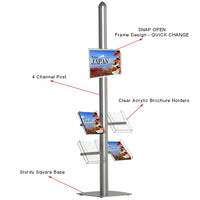 Euro-Style POSTO-STAND™ is 6 FEET Tall and displays a single sided 8.5x11 poster snap frame with 4 clear acrylic literature holders which display 8.5 x 11 brochures, tilted at 25 degree angle