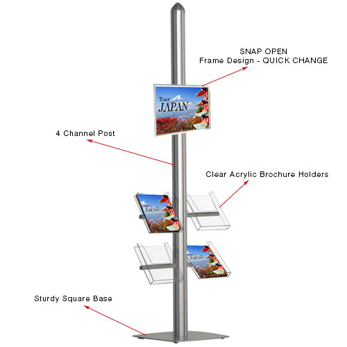 Euro-Style POSTO-STAND™ is 6 FEET Tall and displays a single sided 8.5x11 poster snap frame with 4 clear acrylic literature holders which display 8.5 x 11 brochures, tilted at 25 degree angle