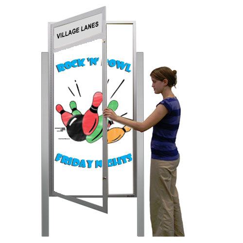 Extra Large Outdoor Dry Erase Marker Board SwingCases with Header and Leg Posts (Gloss White Board Magnetic Porcelain Steel)