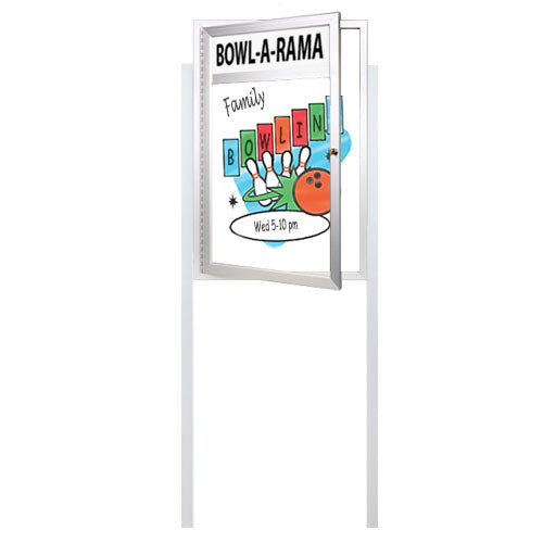 Extra Large Outdoor Dry Erase Marker Board SwingCases with Posts Message Header & LED Lights  | Magnetic Porcelain Steel Gloss White Board
