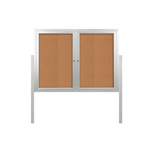 FREESTANDING 60 x 48 CORK BOARD 2-DOORS WITH LIGHTS & (2) POSTS (SHOW in SILVER FINISH)