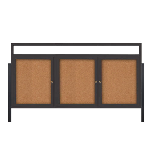 FREESTANDING 96 x 24 CORK BOARD 3-DOORS WITH HEADER & LIGHTS with (2) POSTS (SHOW in BLACK FINISH)