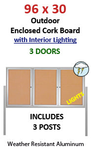Free Standing 96 x 30 Outdoor Lighted Bulletin Boards 3-Door
