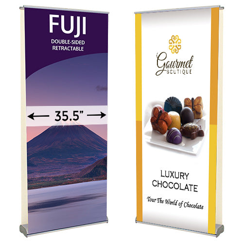 Fuji Weighted Base holds a 35 1/2" Wide Banner Double Sided | Available in Silver.